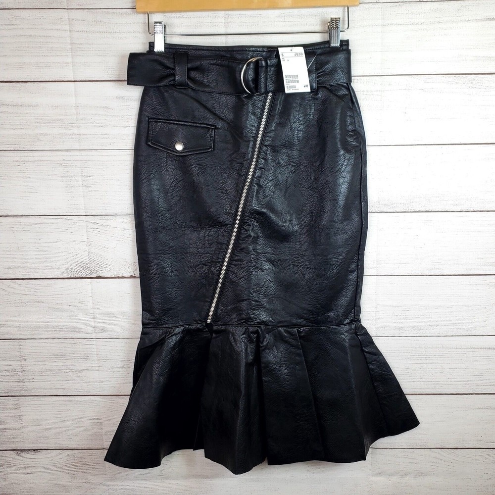 H&M Womens Faux Leather Skirt Black Size 6 Zipper Pocket NWT